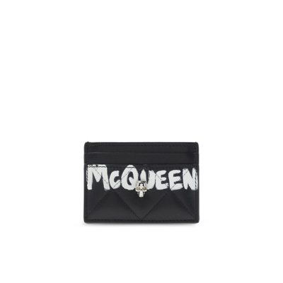 Alexander Mcqueen Quilted Leather Card Holder With Logo Print In Black