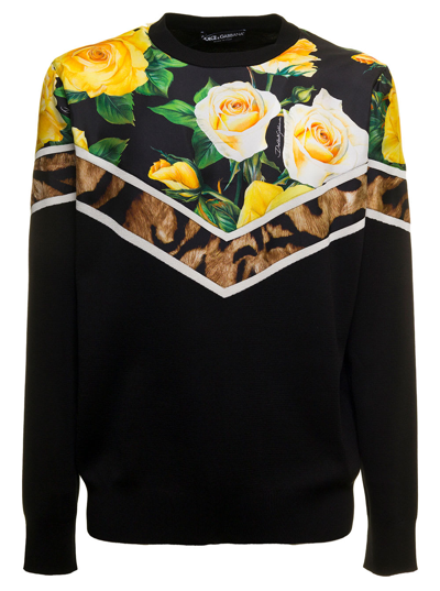 Dolce & Gabbana Crew Neck Silk Sweater With Printed Twill Inserts Man In Black