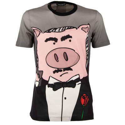 Pre-owned Dolce & Gabbana Baumwolle T-shirt Schwein Mit Anzug Print Und Logo Grau 11064