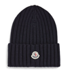 Moncler Wool Ribbed Logo Beanie In Navy