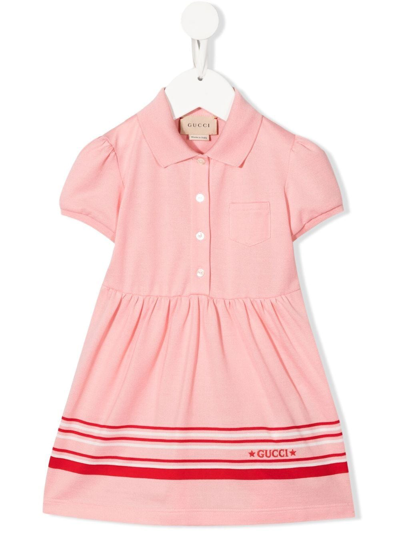 Gucci Babies' Stripe Logo-embroidered Cotton-pique Polo Dress 3-36 Months In Pink