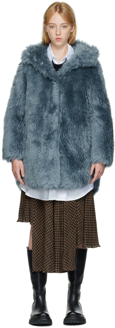 Yves Salomon Blue Wool Coat In A7084 Riverside