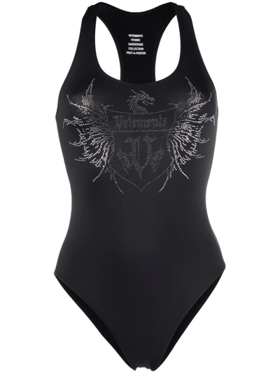 Vetements Black Crystal-cut Logo One-piece Swimsuit