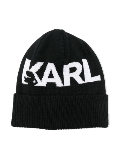 Karl Lagerfeld Kids' Embroidered-logo Knitted Beanie In Black