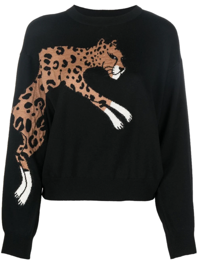Boutique Moschino Leopard Embroidered Rib Sweater In Black