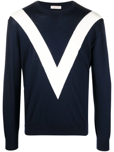 Valentino V Intarsia Wool Knit Sweater In Blue