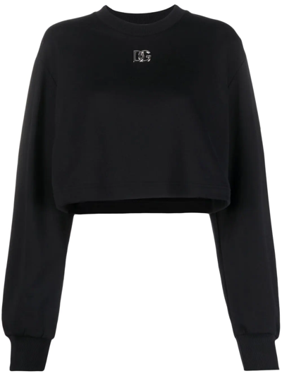 Dolce & Gabbana Black Cotton Cropped Sweatshirt With Logo