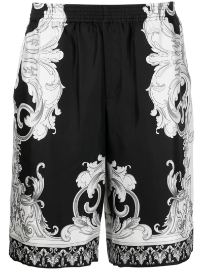 Versace Silver Baroque印花真丝斜纹短裤 In Black