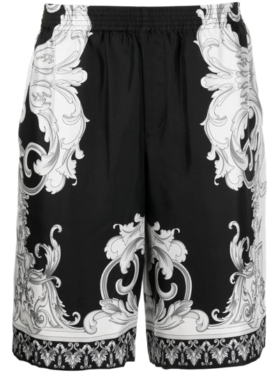 Versace Silver Baroque Print Silk Twill Shorts In Black