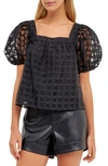 English Factory Grid Pattern Puff Sleeve Organza Top In Black
