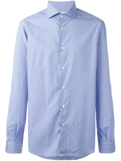 Fashion Clinic Micro-checked Curved Hem Shirt In Blue