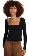Vince Square Neck Long Sleeve Stretch Cotton Knit Top In Black