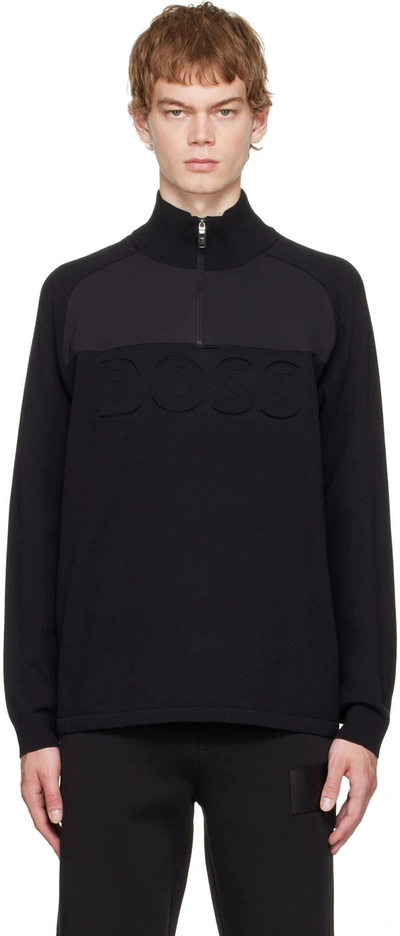 Hugo Boss Logo-embroidered Half-zip Sweater In 1 Black