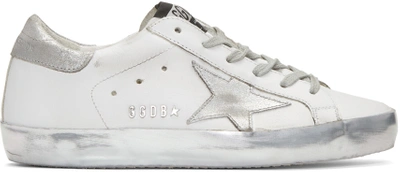 Golden Goose Superstar Distressed Leather Sneakers In White/silver