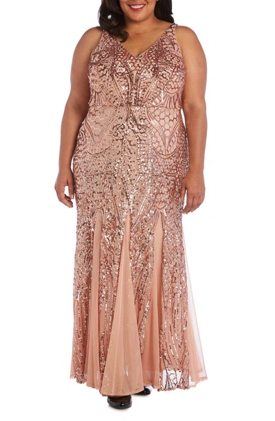 Nightway Plus Size Sequined Mesh Gown In Mauve Pink