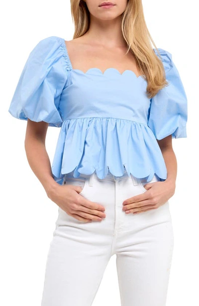 English Factory Scallop Detail Puff Sleeve Top In Powder Blue