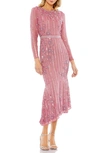 Mac Duggal Hand Embellished Asymmetrical Long Sleeve Midi Dress In Rosewood