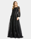 Mac Duggal Jewel Encrusted Illusion Long Sleeve A Line Gown In Black