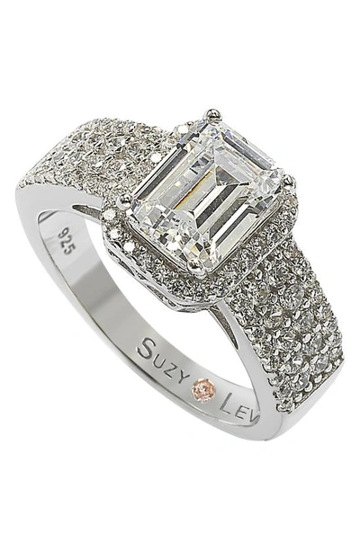 Suzy Levian Sterling Silver Radiant-cut Cz Halo Bridal Ring In White