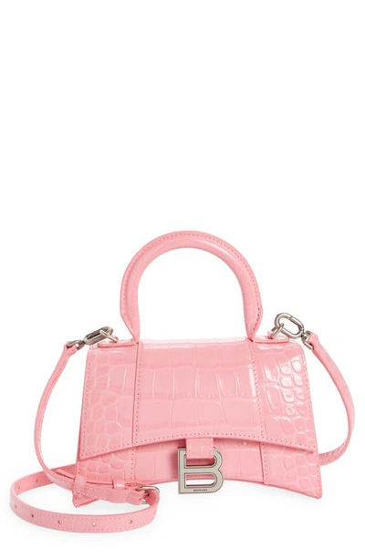 Balenciaga Extra Small Hourglass Croc Embossed Leather Top Handle Bag In Sweet Pink