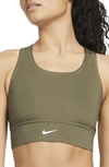 Nike Women's Swoosh Medium-support 1-piece Padded Longline Sports Bra In Medium Olive/medium Olive/medium Olive/white