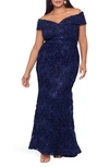 Xscape Off The Shoulder Embroidered Lace Gown In Navy