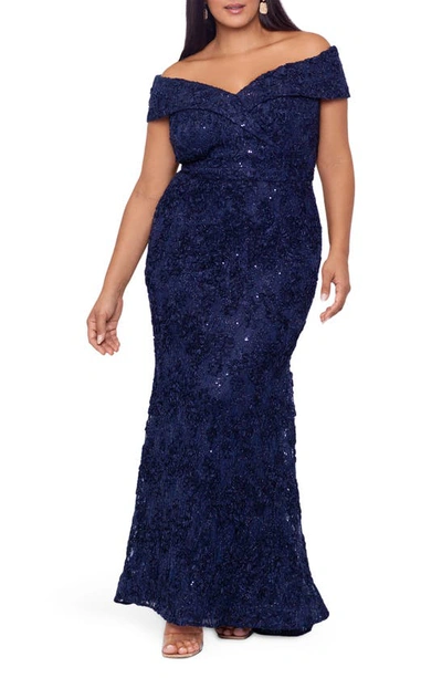 Xscape Off The Shoulder Embroidered Lace Gown In Navy
