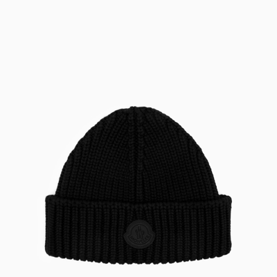 Moncler Black Wool Beanie With Logo