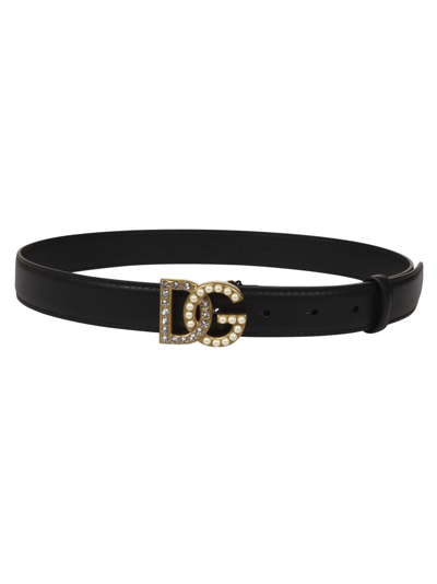 Dolce & Gabbana Embellished Logo Buckle Belt In Black