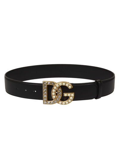 Dolce & Gabbana Crystal-embellished Logo Buckle Leather Belt In Black