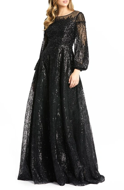 Mac Duggal Sequin Long Sleeve A-line Gown In Black