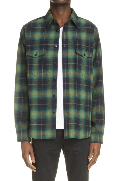Saint Laurent Chequered Flap Chest Pocket Cotton Button Up Shirt In Green