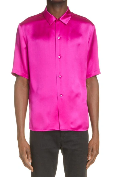 Saint Laurent Convertible-collar Silk-satin Shirt In Fuchsia