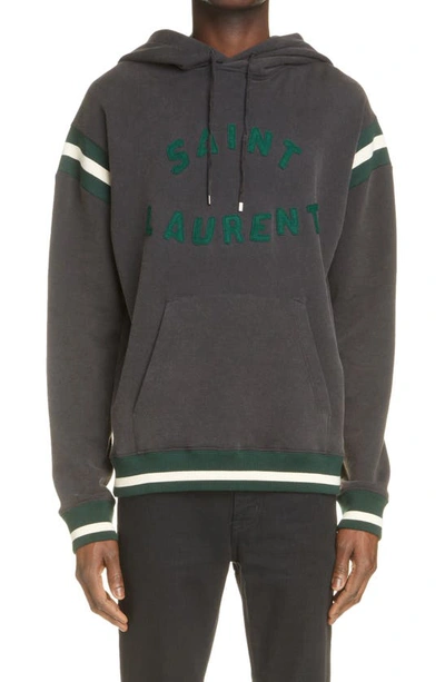 Saint Laurent Molleton Logo Embroidered Cotton Drawstring Hoodie In Black