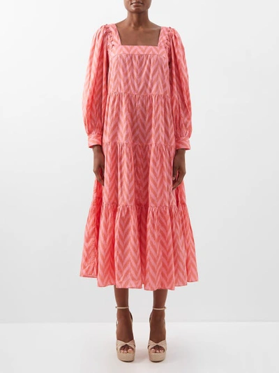 Ulla Johnson Georgina Herringbone-print Cotton Midi Dress In Pink