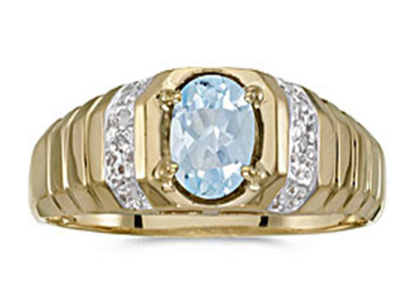 Pre-owned Finejewelrydeals Mens Natural Aquamarine And Diamond Ring 10k Yellow Gold - Free Ring Sizing In Light Blue