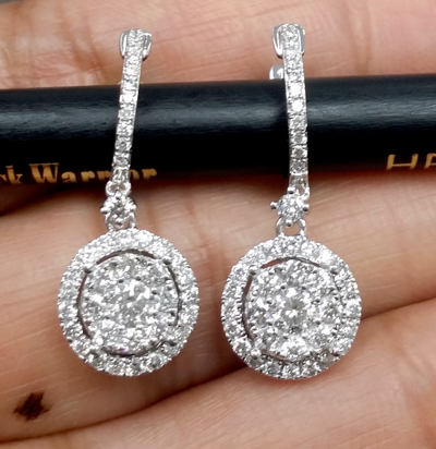 Pre-owned Handmade Deal 1.00ct Natural Round Diamond Cluster Halo Drop Dangle Earrings 14k Gold