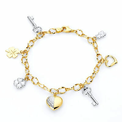 Pre-owned Wellingsale 14k White / Yellow Gold Charm Bracelet - 7.5"