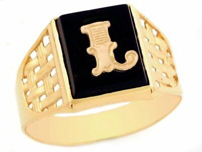 Pre-owned Jackani 10k Or 14k Yellow Gold Bold Black Onyx Mens Basket Weave Initial Letter L Ring