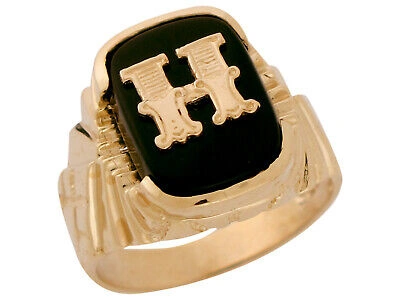 Pre-owned Amoravi 10k Or 14k Solid Gold Nugget Design Onyx Letter H Mens Initial Statement Ring In Black
