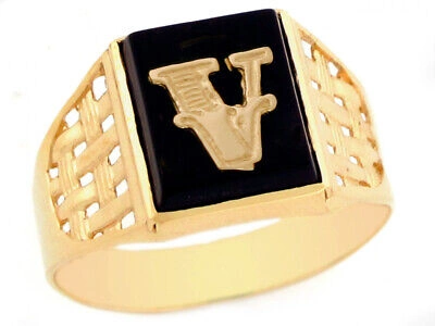Pre-owned Jackani 10k Or 14k Yellow Gold Bold Black Onyx Mens Basket Weave Initial Letter V Ring