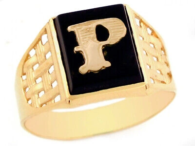 Pre-owned Jackani 10k Or 14k Yellow Gold Bold Black Onyx Mens Basket Weave Initial Letter P Ring