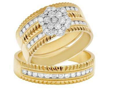 Pre-owned Jewelry Unlimited Ladies/mens 14k Yellow Gold Real Diamond Flower Trio Bridal Ring Set 1.1ct 8mm In G-h