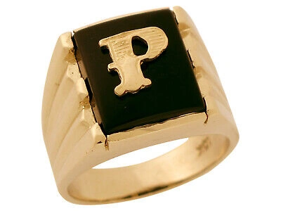 Pre-owned Jackani 10k Or 14k Solid Gold Rectangle Onyx Letter P Modern Mens Initial Statement Ring In Black