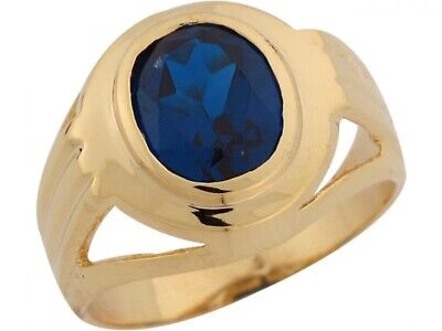 Pre-owned Jackani 10k Or 14k Yellow Gold Simulated Sapphire Stylish Sleek Modern Mens Ring In Blue