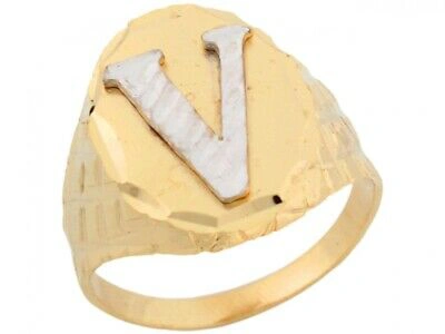 Pre-owned Jackani 10k Or 14k Two Tone Real Gold Diamond Cut Large Letter V Initial Mens Ring