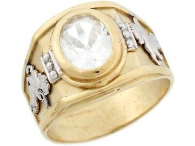 Pre-owned Jackani 10k Or 14k Two Toned Gold White Cz Simulated April Birthstone Pegasus Mens Ring