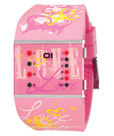 Pre-owned The One 01  Slim Square Womens Cool Binary Led Watch Slsl138r3 Pu Strap In Light Pink