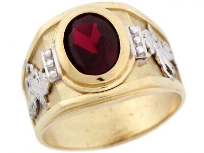 Pre-owned Jackani 10k Or 14k Two Toned Gold Simulated Garnet Birthstone Pegasus Mens Ring In Red