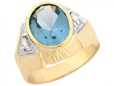 Pre-owned Jackani 10k Or 14k Two Tone Gold Simulated Blue Zircon White Cz Accents Mens Ring